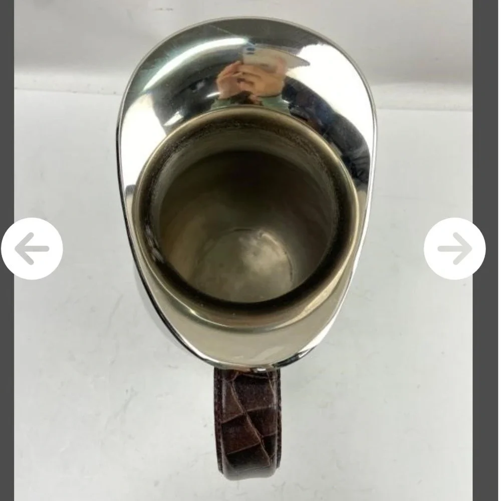 Polished Stainless Steel Pitcher Brown Faux Crocodile Leather Wrapped Handle - Picture 7 of 8